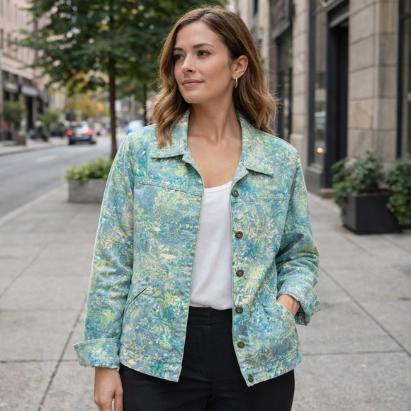 TanJay Jackets & Blazers - Tanjay Green and Blue Floral Tropical Graphic Print Denim Jacket